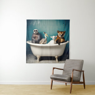 Grappige dieren in de badkamer wandkleed