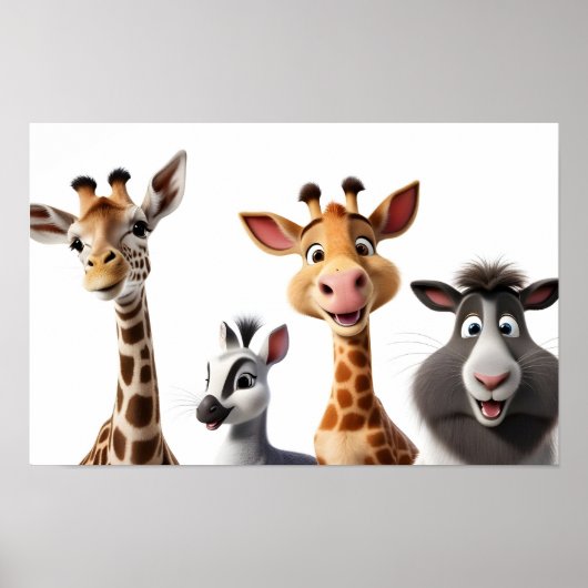 Grappige dieren op wit poster (Voorkant)