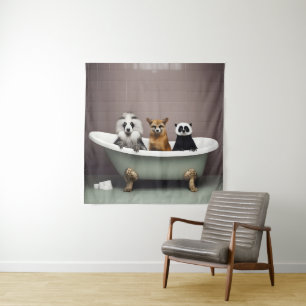 Grappige dieren zitten in bad in badkamer wandkleed