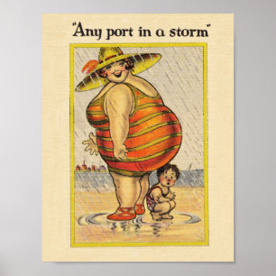 Grappige dikke dame op het strand poster