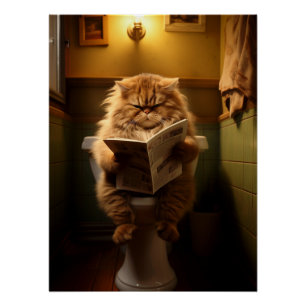 Grappige dikke kat lezen krant op het toilet perfect poster