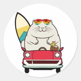 Grappige dikke kat rijdt naar het strand ronde sticker