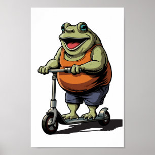 Grappige dikke kikker rijdt op scooter cartoon poster