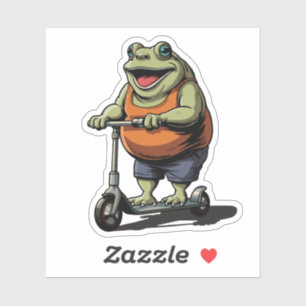 Grappige dikke kikker rijdt op scooter cartoon   sticker