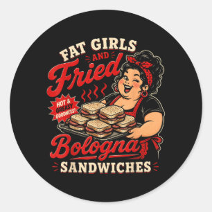 Grappige dikke meisjes en gebakken Bologna-sandwic Ronde Sticker