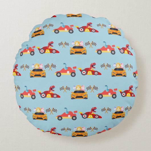 Grappige Dinosaur raceauto jongen kinderen Verjaar Rond Kussen (Voorkant)