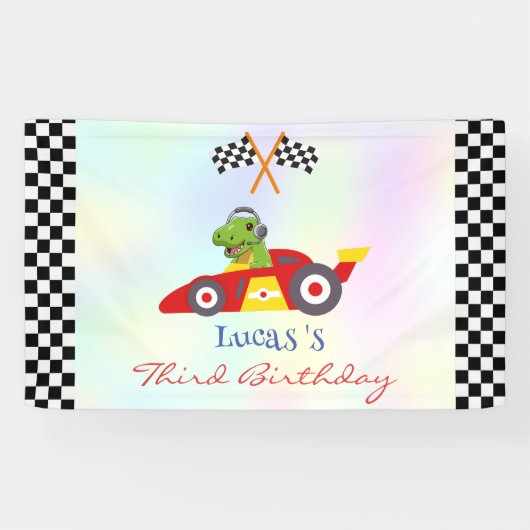 Grappige Dinosaur raceauto jongen kinderen Verjaar Spandoek (Horizontaal)