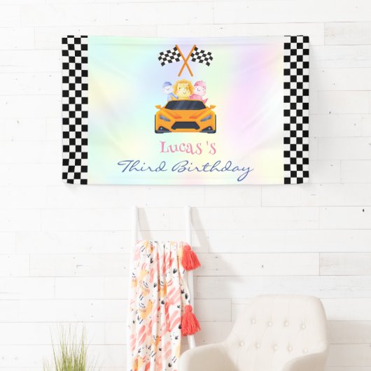 Grappige Dinosaur raceauto jongen kinderen Verjaar Spandoek (Insitu)