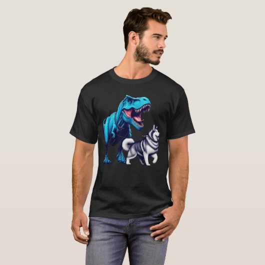 Grappige dinosaurus Alaskan Malamute Walking Honde T-shirt (Voorkant volledig)