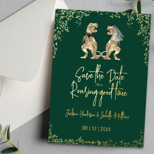 Grappige Dinosaurus Bruiloft Save the Date Goud Folie Uitnodiging