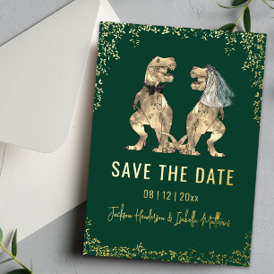Grappige dinosaurus bruiloft Save the Date groen g Folie Uitnodiging