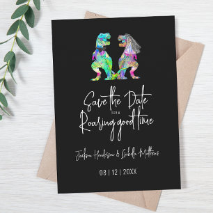 Grappige dinosaurus bruiloft zwart en wit save the date