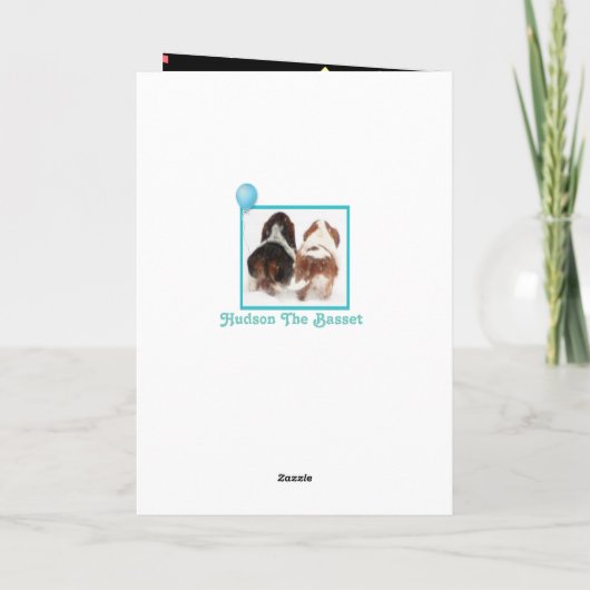 Grappige dinosaurus en bassets op "Just Because" K Kaart (Achterkant)