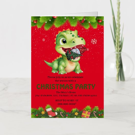 Grappige dinosaurus eten Gnome kerstboom feest cad Folie Wenskaart (Voorkant)