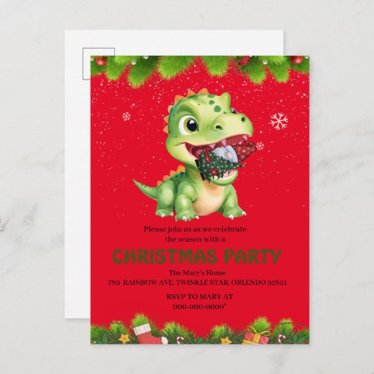 Grappige dinosaurus eten Gnome kerstboom feest cad Uitnodiging Briefkaart (Voorkant / Achterkant)