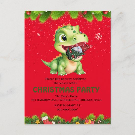 Grappige dinosaurus eten Gnome kerstboom feest cad Uitnodiging Briefkaart (Voorkant)