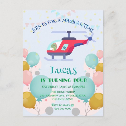 Grappige dinosaurus Helikopter Verjaardagsfeestje Briefkaart (Voorkant)