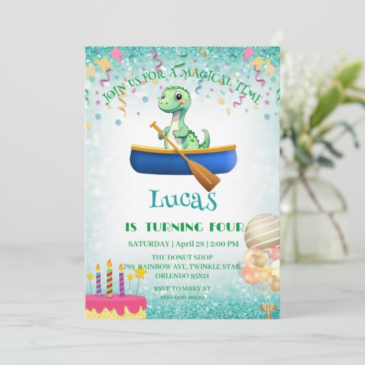 Grappige dinosaurus Kajak Verjaardagsfeestje DIY N Feestdagenkaart (Staand voorkant)