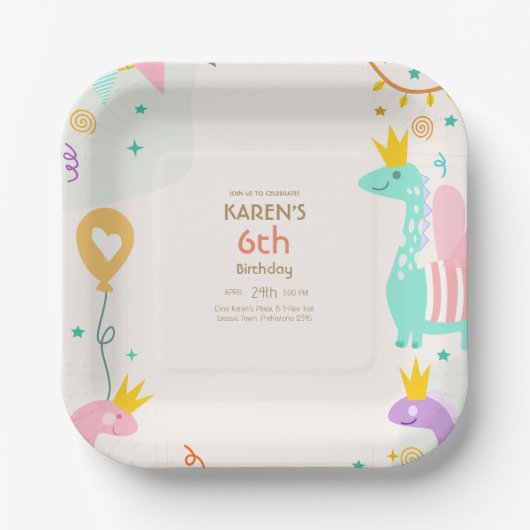 Grappige Dinosaurus Prinses Verjaardag Papieren Bordje (Voorkant)
