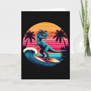 Grappige dinosaurus surft retro zonsondergang mann kaart