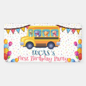 Grappige dinosaurus terug naar school bus jongen v spandoek (Horizontaal)