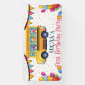 Grappige dinosaurus terug naar school bus jongen v spandoek (Verticaal)