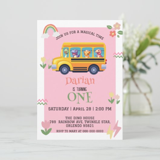 Grappige dinosaurus Terug naar school Bus meisjes Save The Date (Staand voorkant)