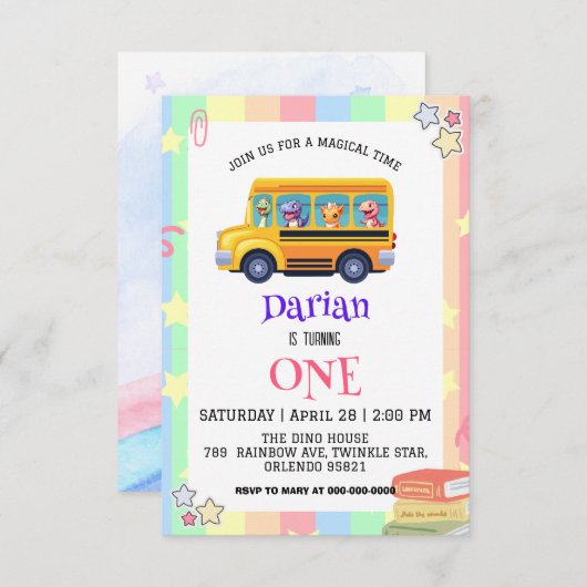 Grappige dinosaurus Terug naar school Bus Rainbow Bedankkaart (Voorkant / Achterkant)