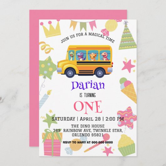 Grappige dinosaurus Terug naar school Buscake Verj Save The Date (Voorkant / Achterkant)