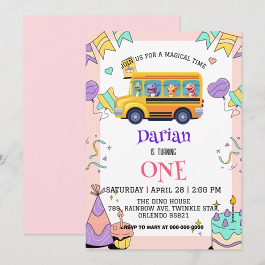 Grappige dinosaurus Terug naar school Buscake Verj Save The Date (Voorkant / Achterkant)