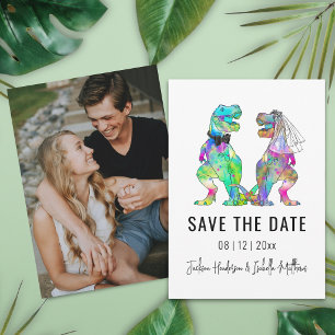 Grappige dinosaurus-thema trouwportretfoto save the date