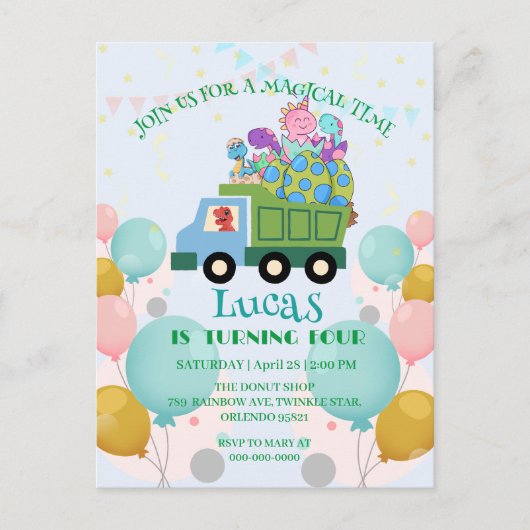 Grappige dinosaurus Vuilniswagen Verjaardagsfeestj Briefkaart (Voorkant)