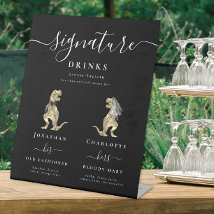 Grappige Dinosaurushuwelijk Signature Drinks Bar Reclamebord Met Voetstuk