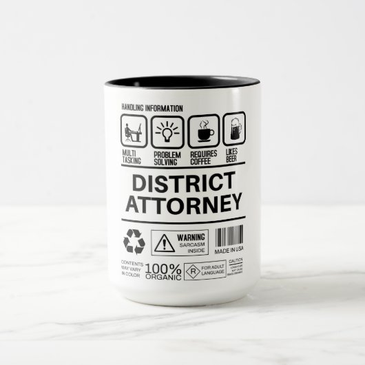 Grappige District Attorney Handling Informatie Mok (Midden)