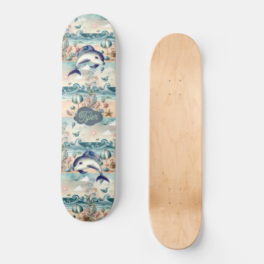 Grappige Dolfijn Boho Ocean Waves Strand Tropisch Skateboard (Voorkant)