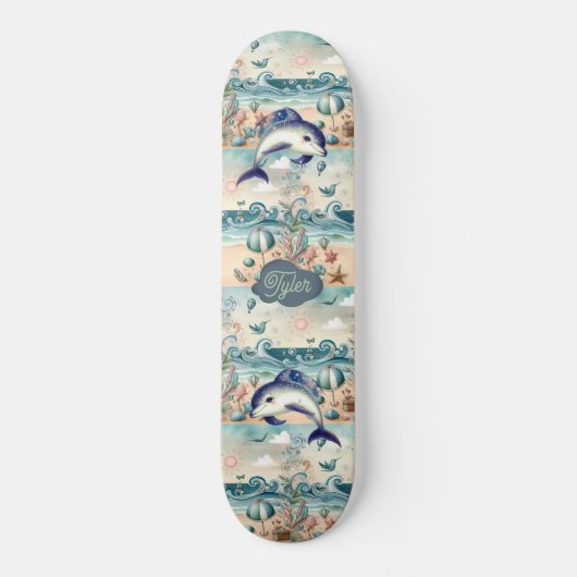 Grappige Dolfijn Boho Ocean Waves Strand Tropisch Skateboard (Voorkant)