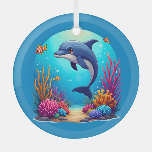 Grappige dolfijn in het levendige koraalrif glas ornament (Voorkant)