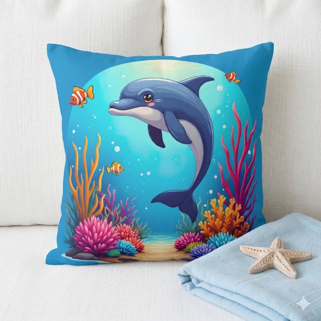 Grappige dolfijn in het levendige koraalrif kussen (Whimsical Dolphin in Vibrant Coral Reef Throw Pillow Mockup A)