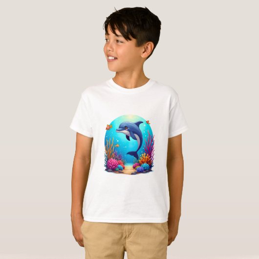 Grappige dolfijn in het levendige koraalrif t-shirt (Voorkant volledig)