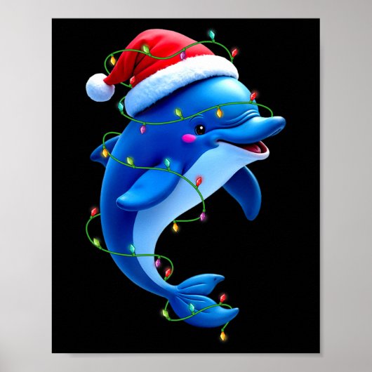 Grappige Dolfijn Kerstman Hoed Kerstboom Lights Xm Poster (Voorkant)
