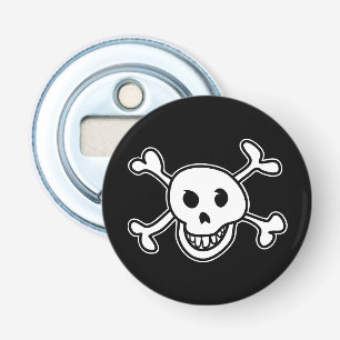 Grappige doodle van schedel en gekruiste botten op button flesopener