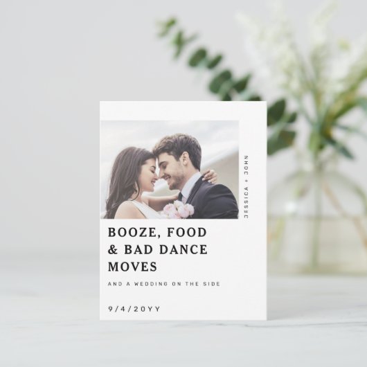 Grappige drank, voedsel foto bruiloft Save the Dat Briefkaart (Staand voorkant)