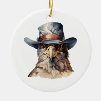 Grappige duif met een cowboy pet, waterverf keramisch ornament