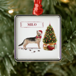Grappige Duitse Herdershond met Kerstboom Metalen Ornament