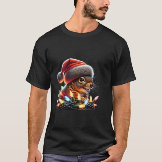 Grappige eekhoorn met kerstverlichting kerstmuts k t-shirt (Voorkant)