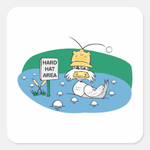 grappige eend met harde hoed die golfballen vermij vierkante sticker