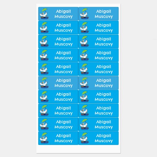 Grappige eend met paraplu gepersonaliseerde cartoo labels (Vel)