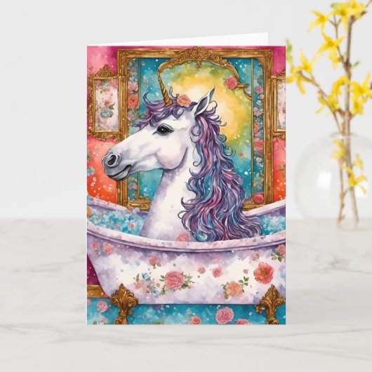 Grappige eenhoorn in een badkuip Alle gelegenheden Kaart (Gele Bloem)
