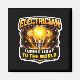 Grappige elektricien brengt licht in de wereld magneet