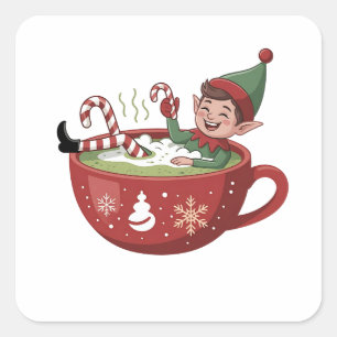 Grappige Elf Die Een Matcha Badkuip Kerstmis Nemen Vierkante Sticker